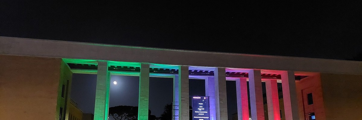 Main entrance of Sapienza University of Rome at night
