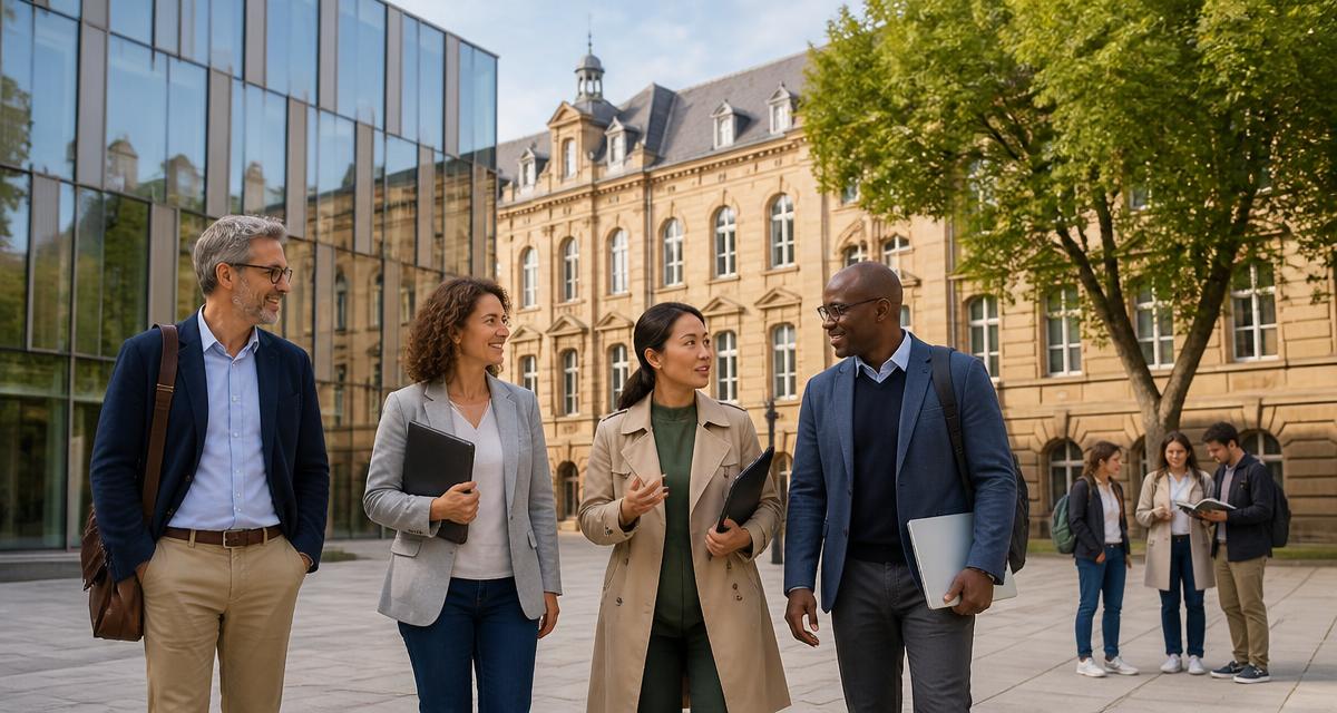 Faculty members walking together on a European university campus